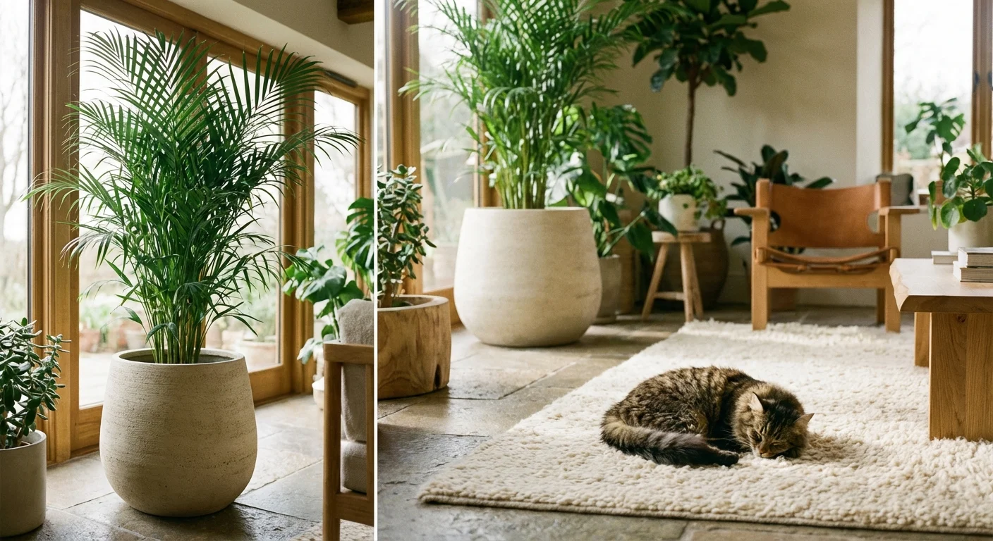 A large Parlor Palm plant in a white pot with a cat resting nearby in a bright room.