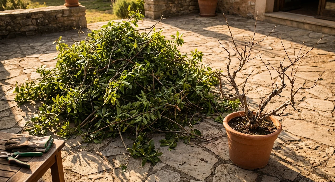 A large pile of freshly cut branches on a patio next to an over-pruned shrub.
