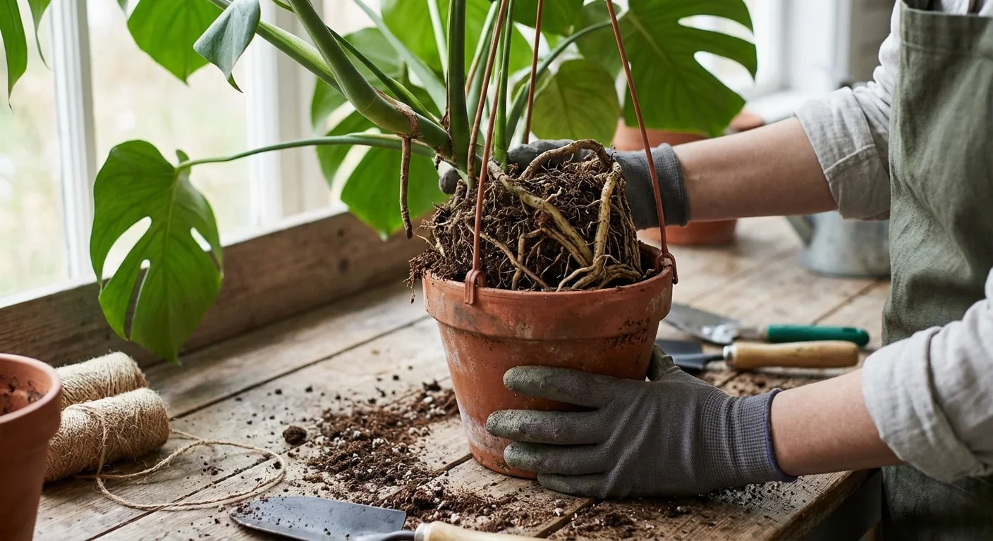 A large plant crowded into a very small hanging basket on a rustic wooden table.