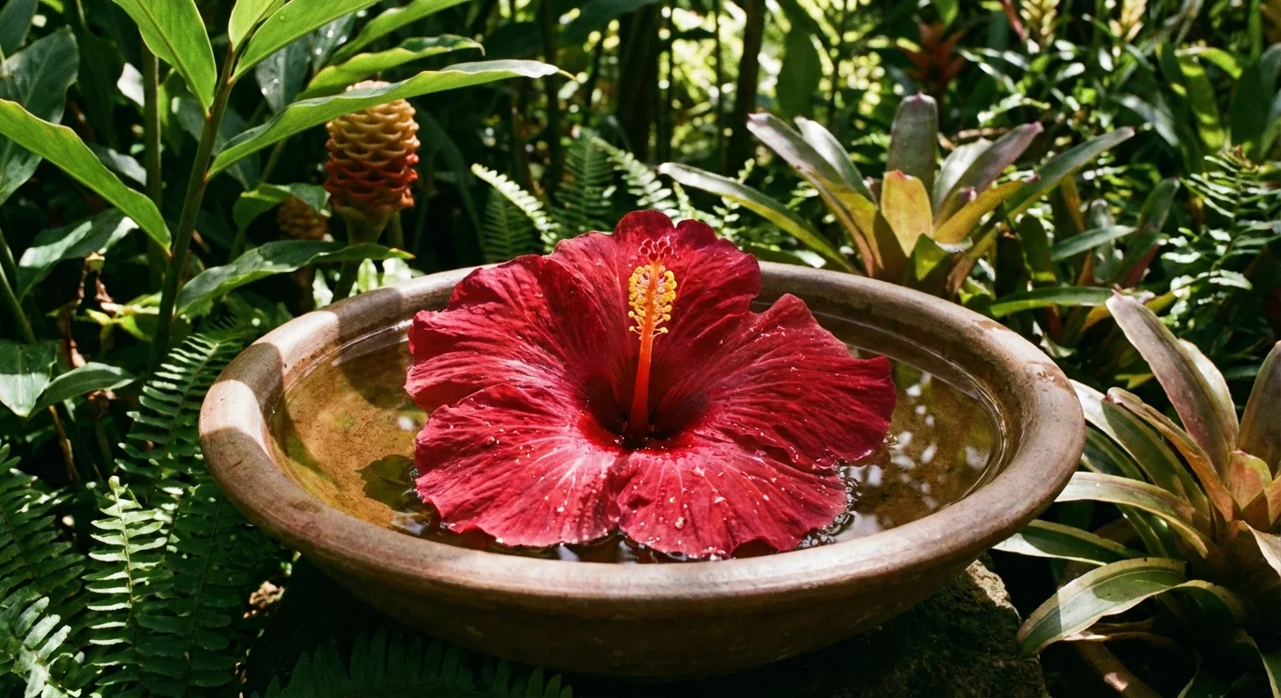 A large red hibiscus flower with a yellow center in a ceramic bowl.