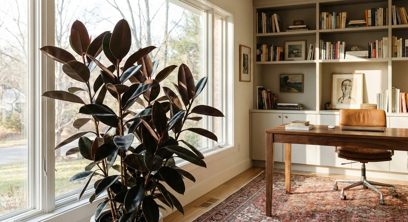 A large Rubber Plant with dark, shiny leaves in a modern home office.