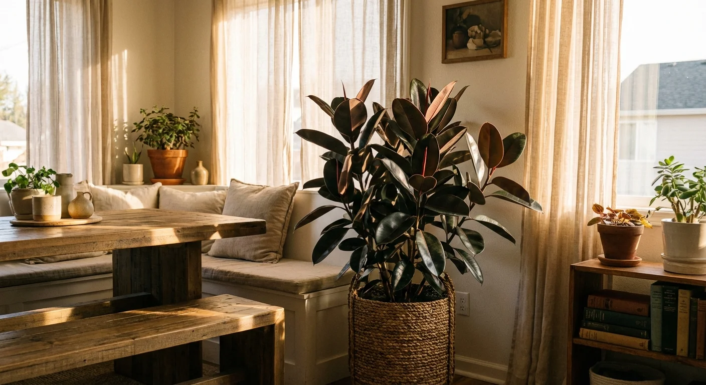 A large rubber tree plant with dark shiny leaves in a woven basket next to a kitchen breakfast nook.