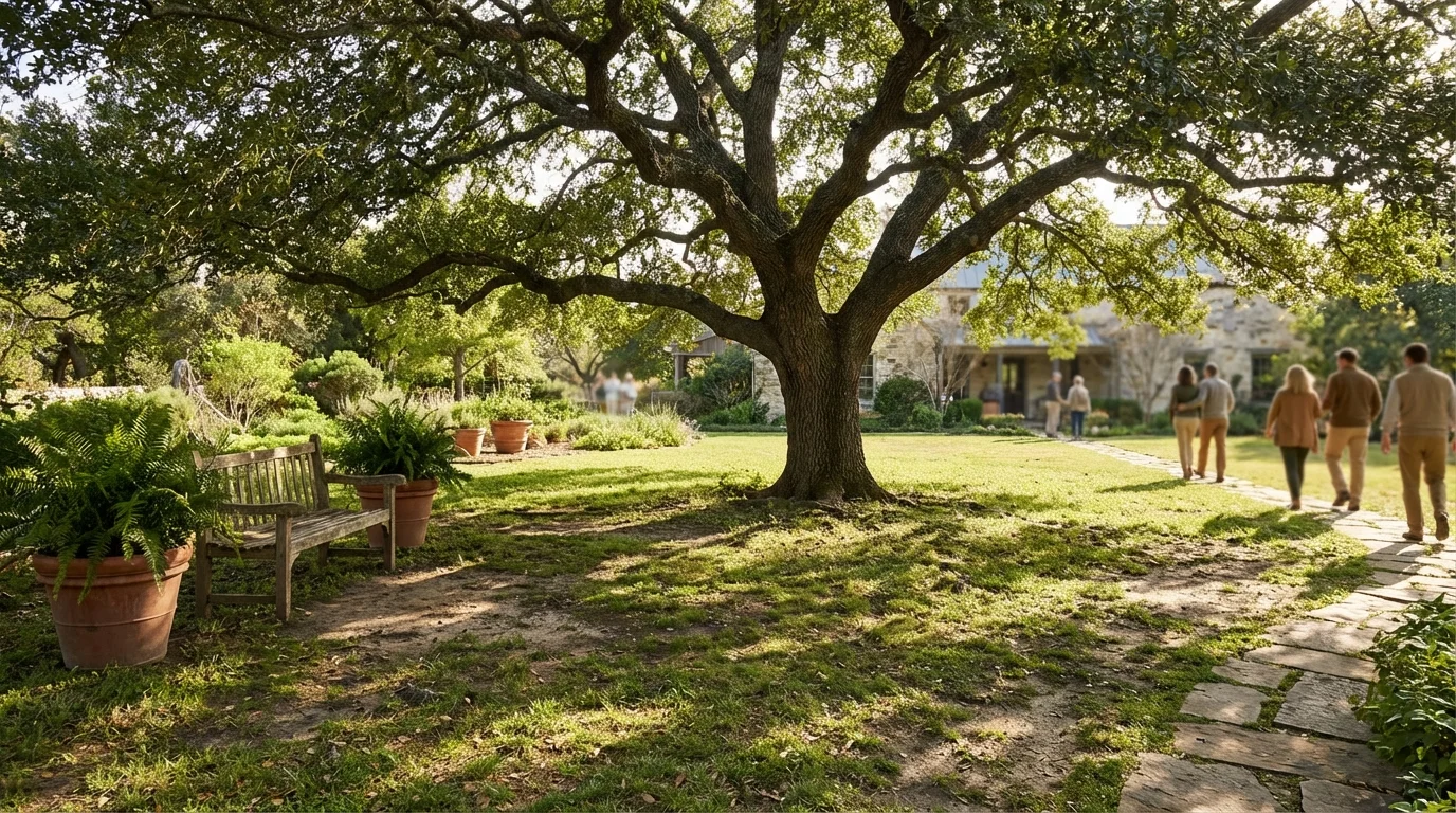 A large shade tree in a backyard with patchy, thin grass growing in the shade beneath its canopy.