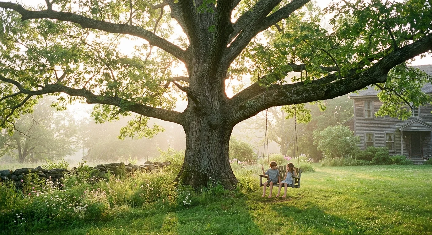 A large, sturdy White Oak tree with a wooden swing in a sunny backyard.