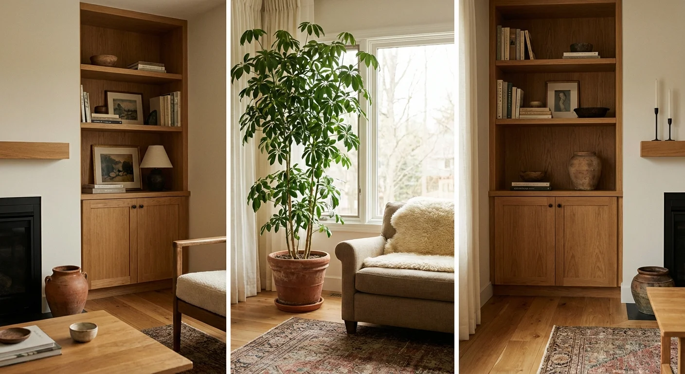 A large Umbrella Plant standing in a terracotta pot in a sunlit room corner.