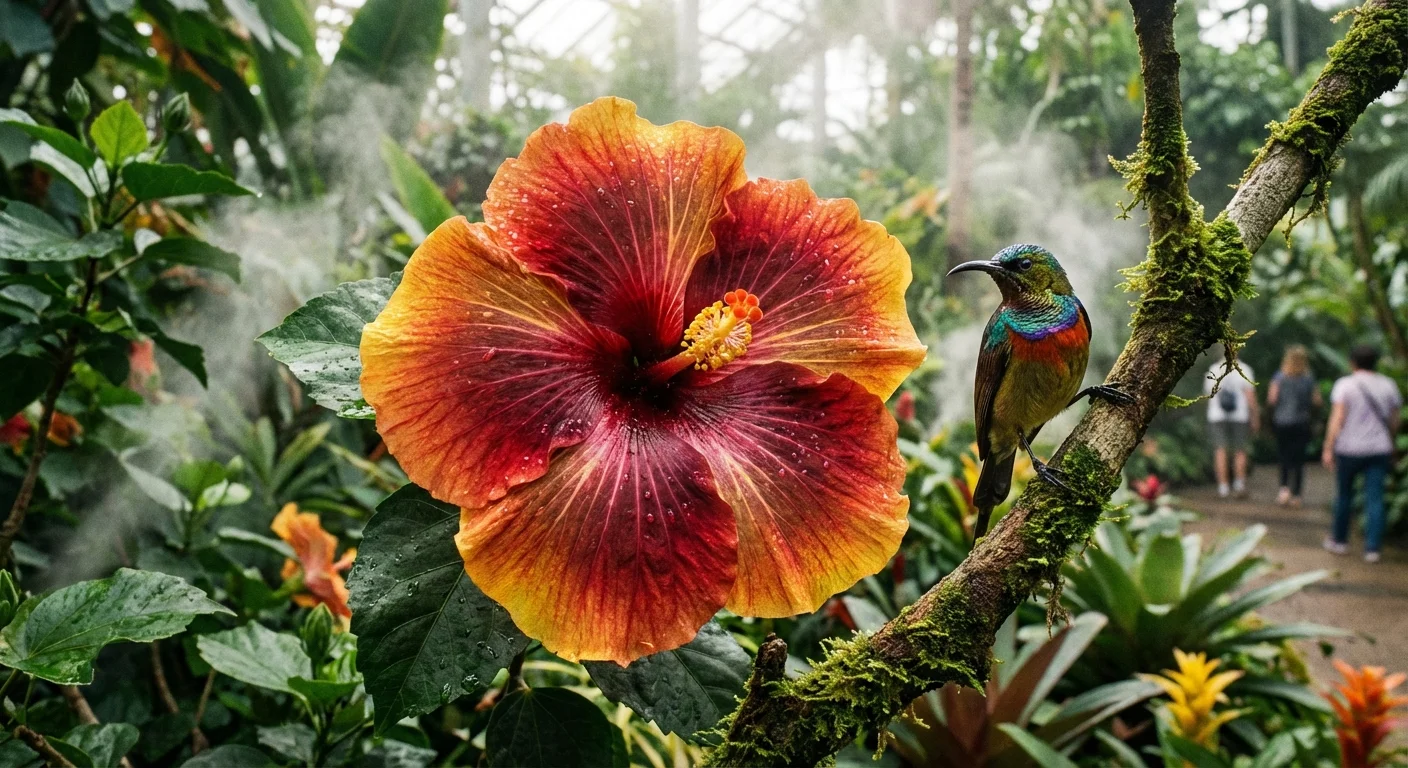 A large, vibrant hibiscus flower in a lush garden.