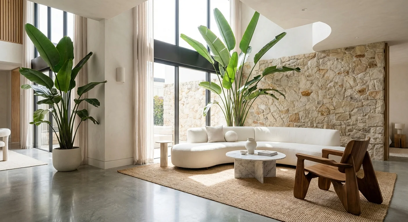A large White Bird of Paradise plant in a bright, luxury living room corner.