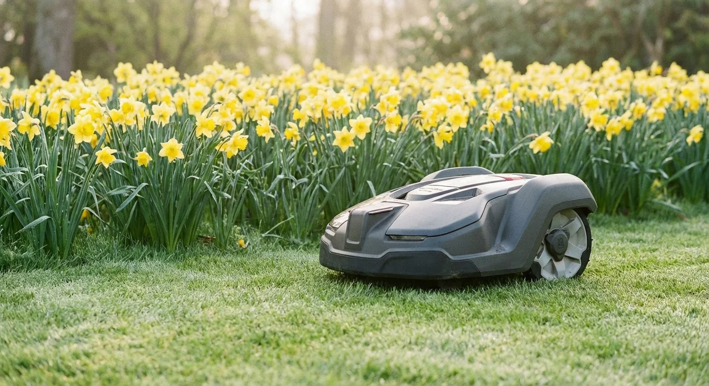 A lawnmower on a fresh spring lawn with blooming flowers in the background.