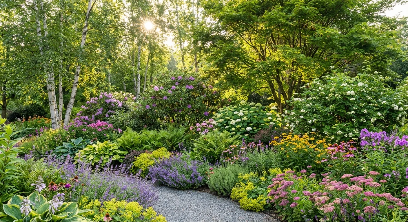 A layered garden border with trees, shrubs, and flowers creating a dense screen.