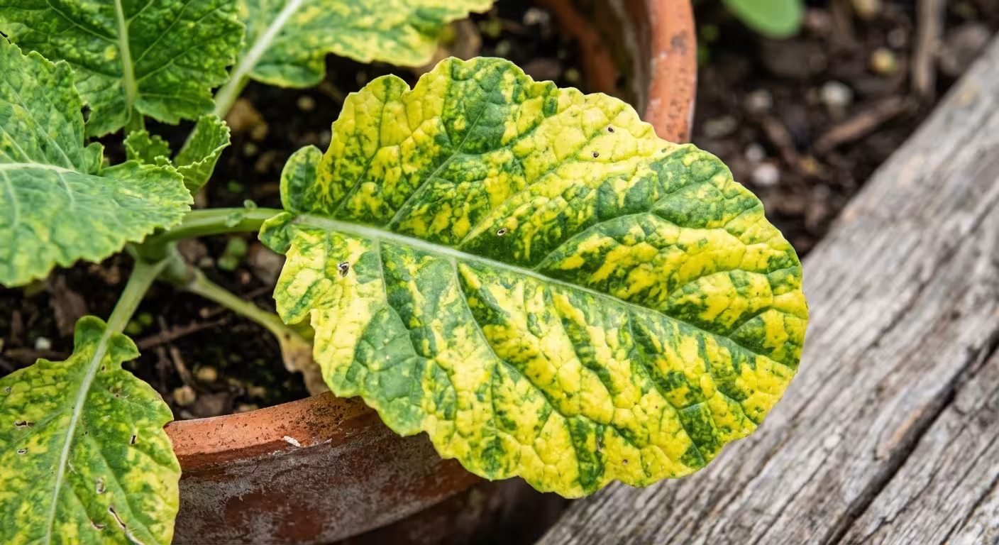 A leaf showing a yellow and green marbled mosaic virus pattern.