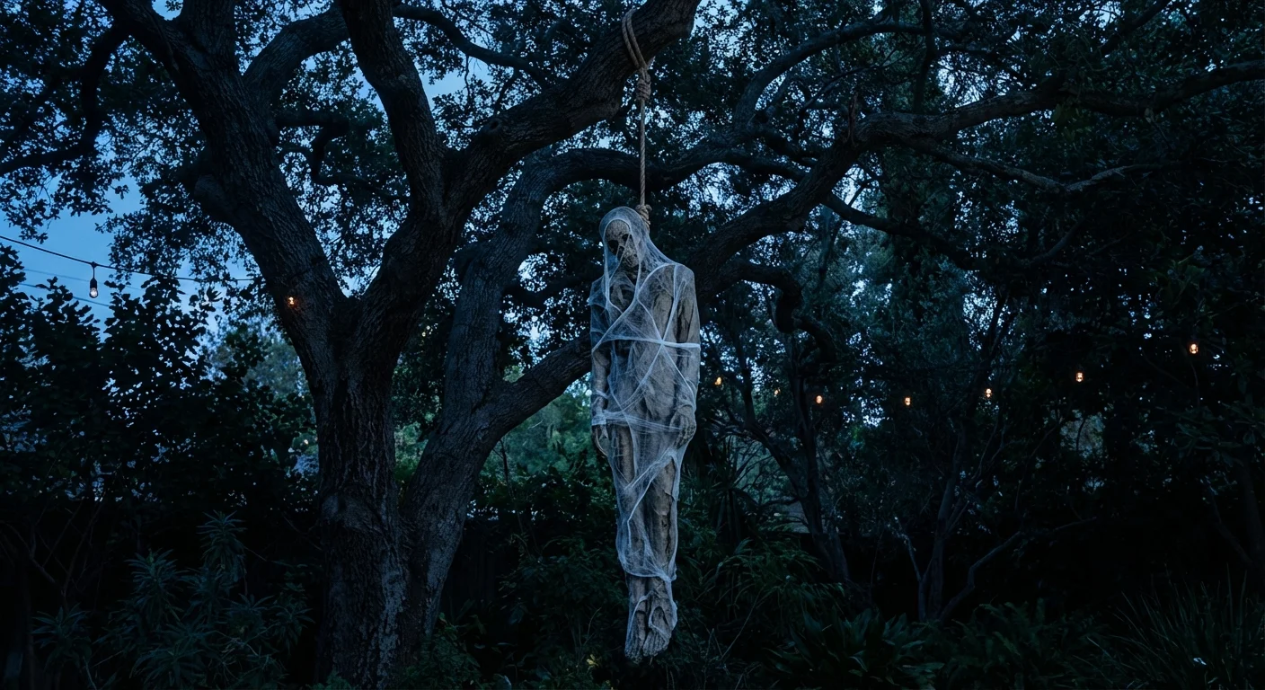 A life-sized hanging corpse prop suspended from a tree branch in a dark garden.