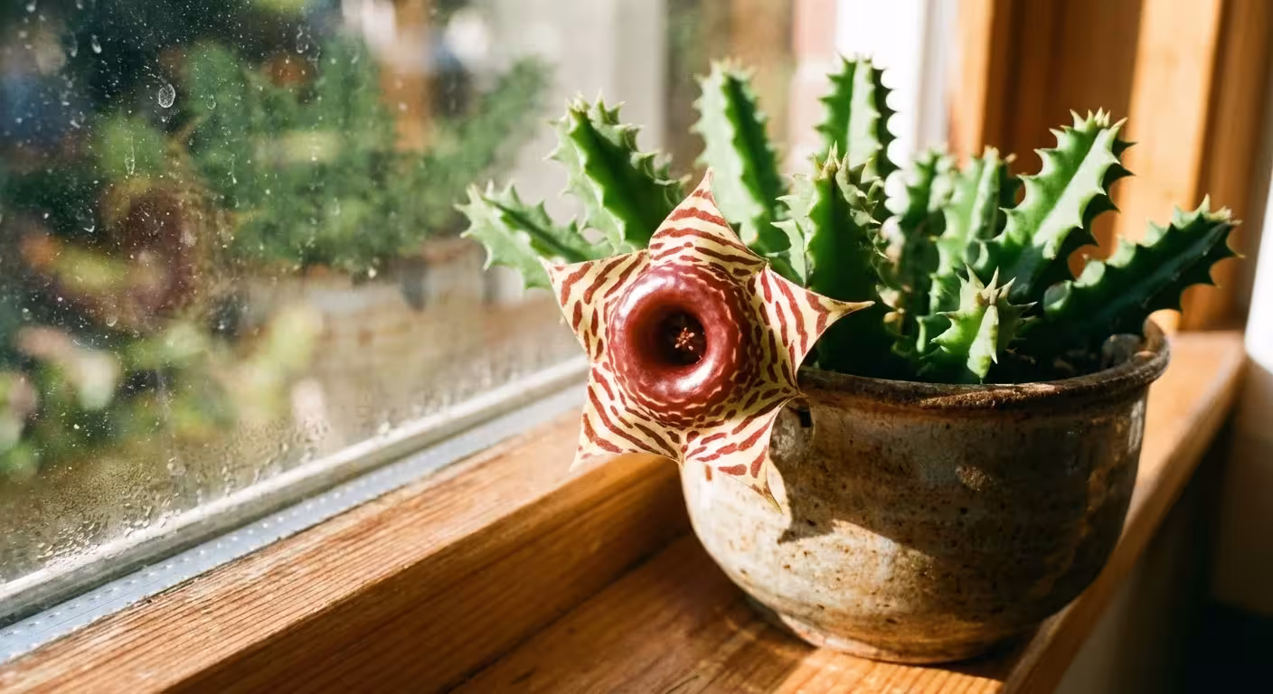 A Lifesaver cactus showing its unique star-shaped flower on a windowsill.