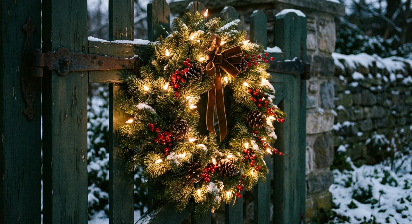 A lit evergreen wreath on a garden gate with warm white lights.