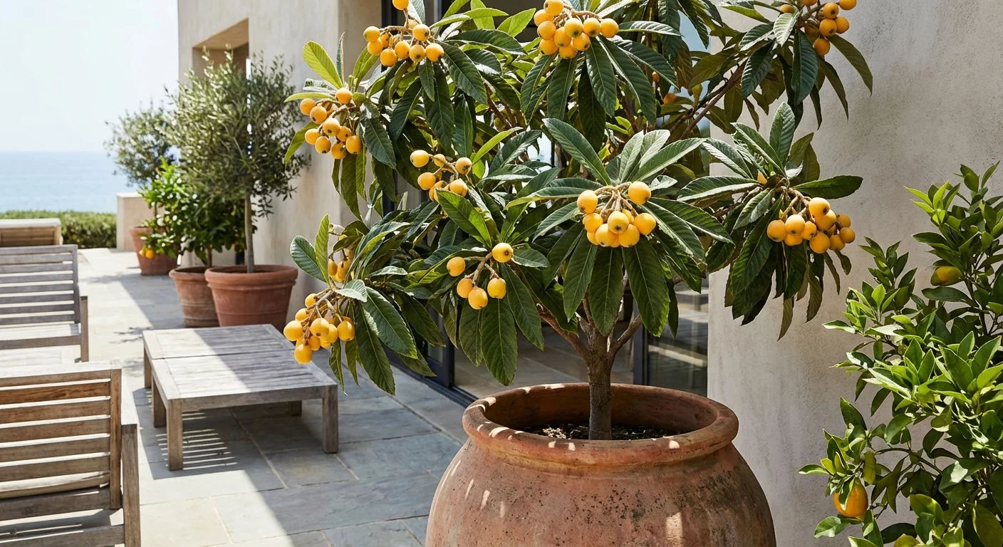 A loquat tree with yellow fruit growing in a terracotta pot on a patio.