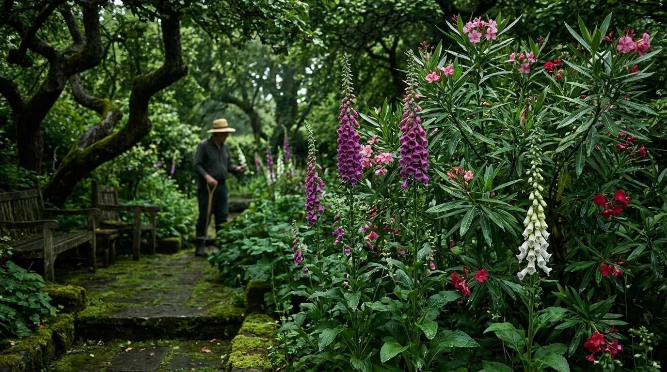 A lush, atmospheric garden filled with Foxglove and Oleander under dramatic lighting.