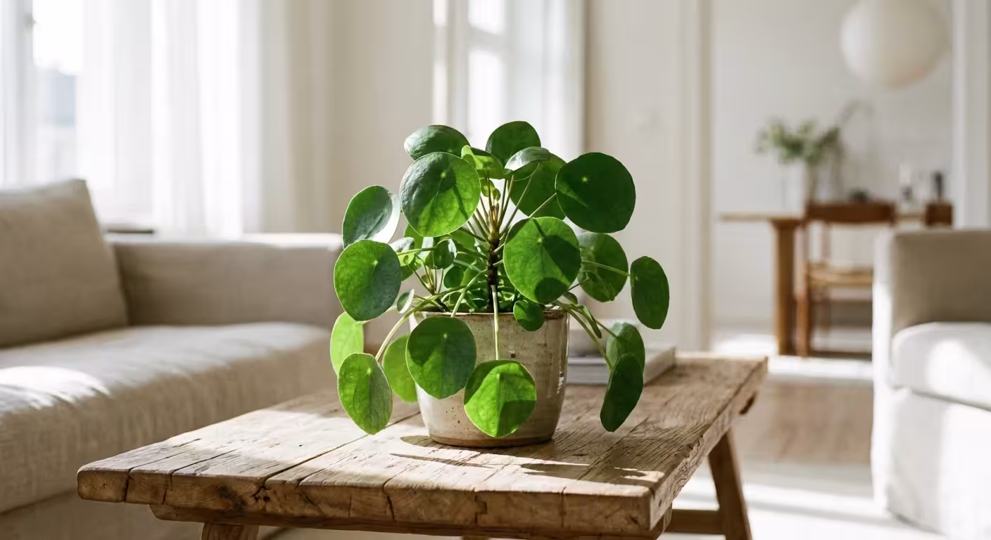 A lush Chinese Money Plant sitting on a wooden table in a bright room.