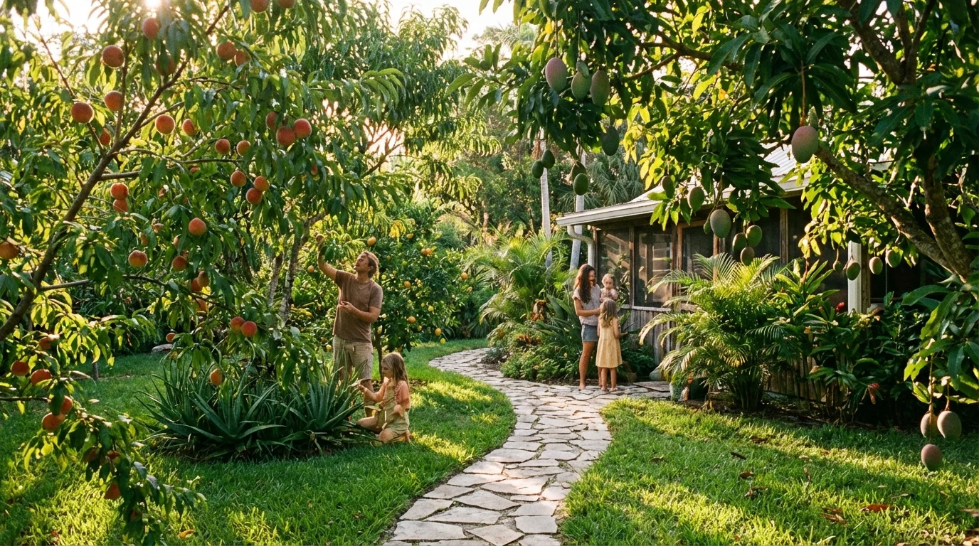 A lush Florida home garden with various fruit trees under a bright sun.