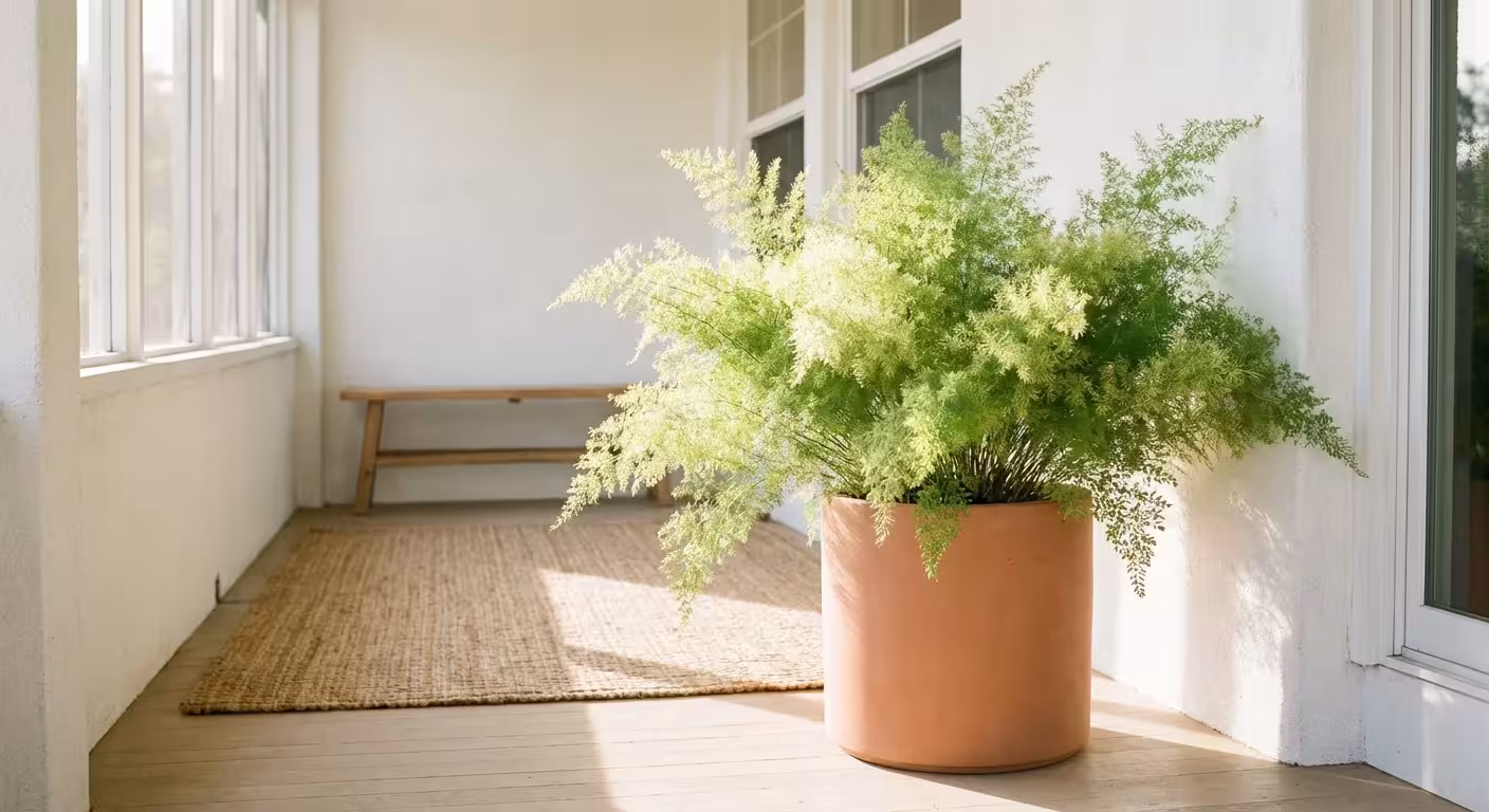 A lush, fluffy Cotton candy fern in a ceramic pot on a sunny porch.