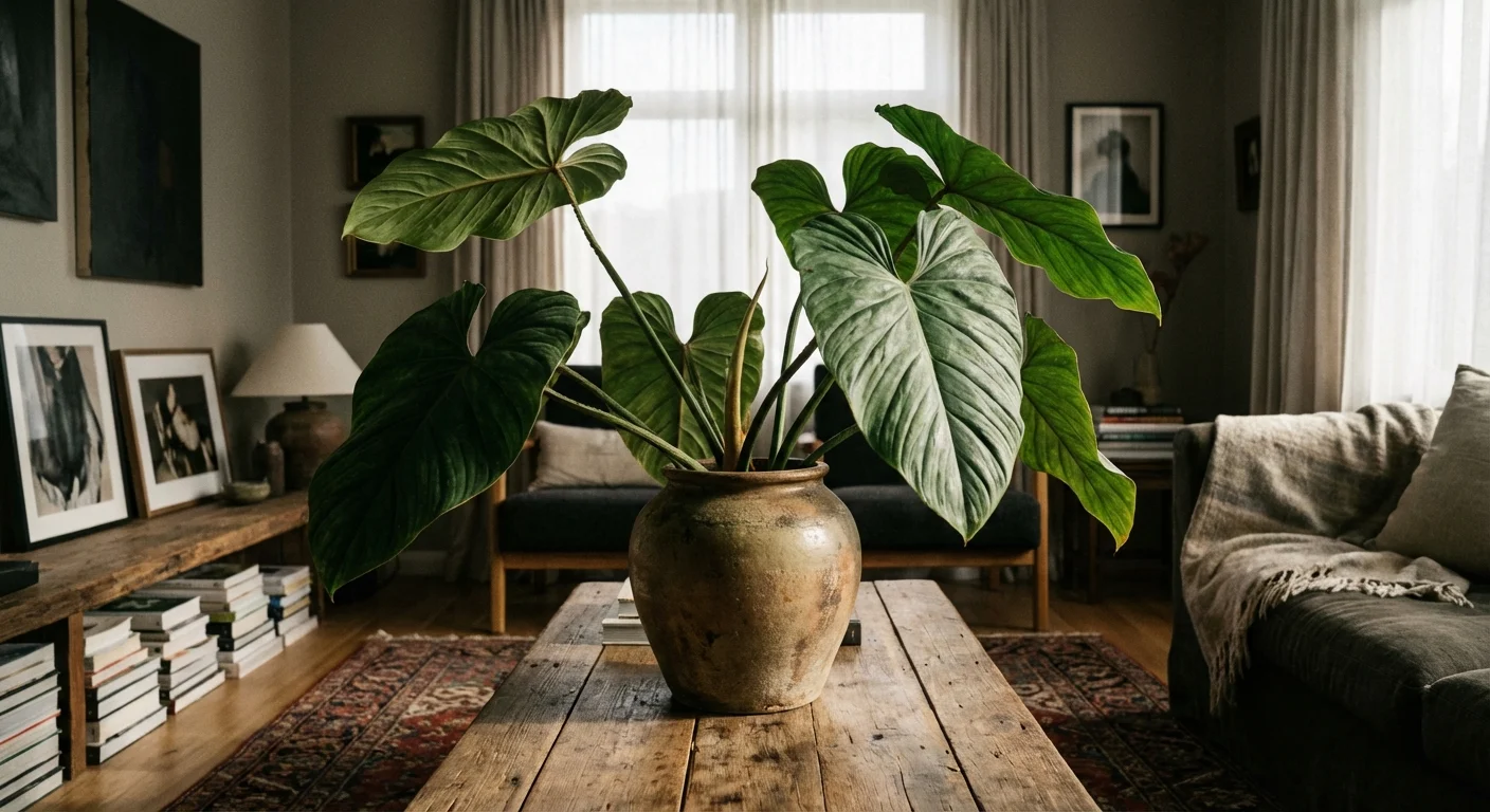 A lush green Philodendron plant in a modern ceramic pot inside a home.