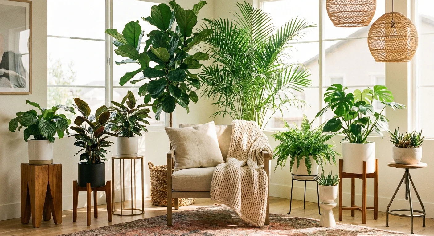 A lush indoor green oasis with various tropical plants arranged in a stylish reading corner.