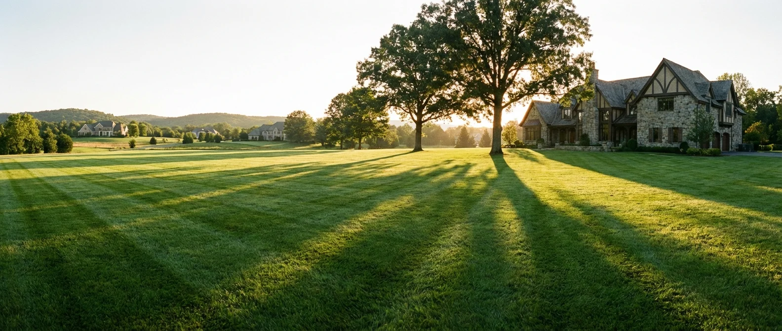 A lush lawn featuring a professional checkered pattern from alternating mowing directions.