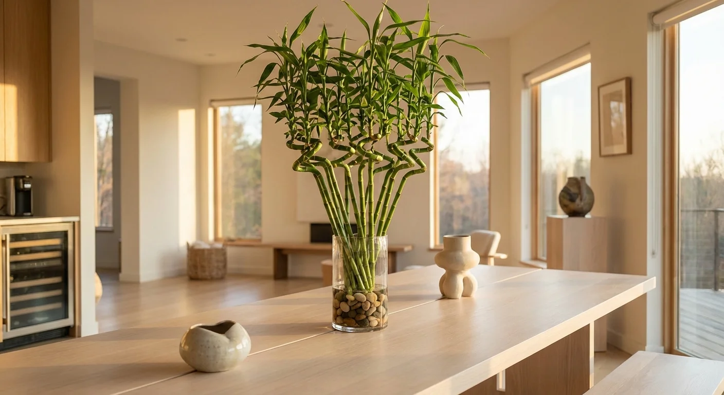A lush, multi-stalk lucky bamboo plant acting as a centerpiece in a bright, modern dining room.