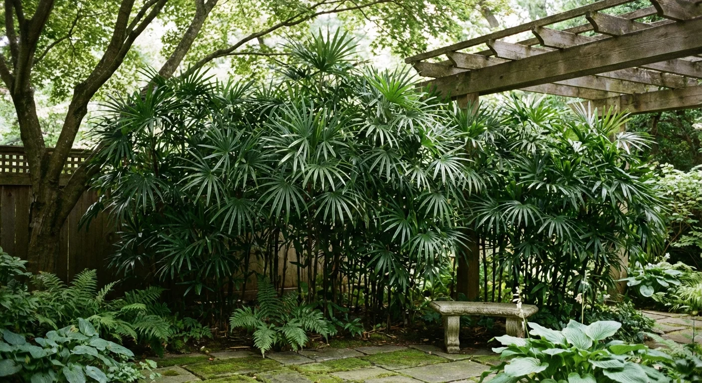A lush, multi-stemmed Lady Palm providing a green screen in a shaded garden area.