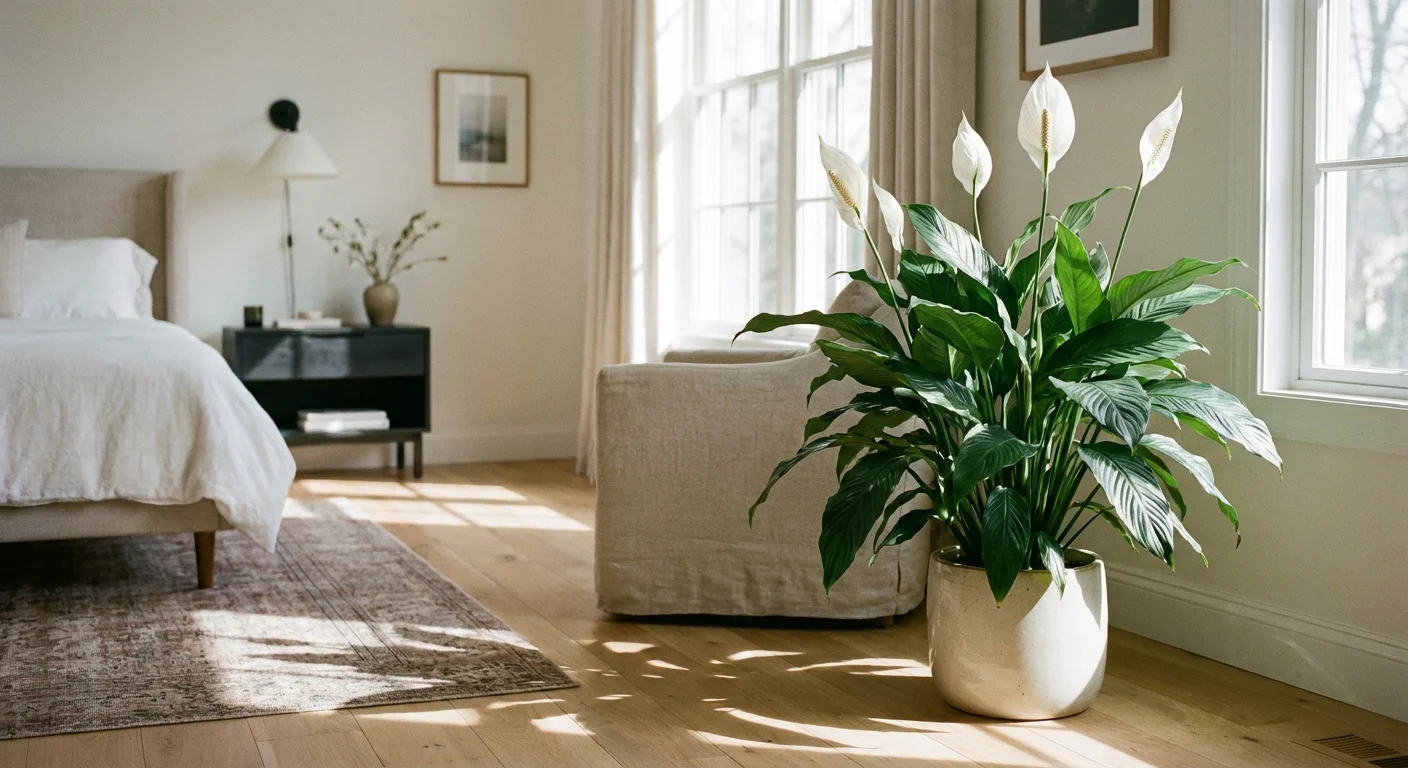 A lush Peace Lily with white flowers standing near a bright window in a modern bedroom.