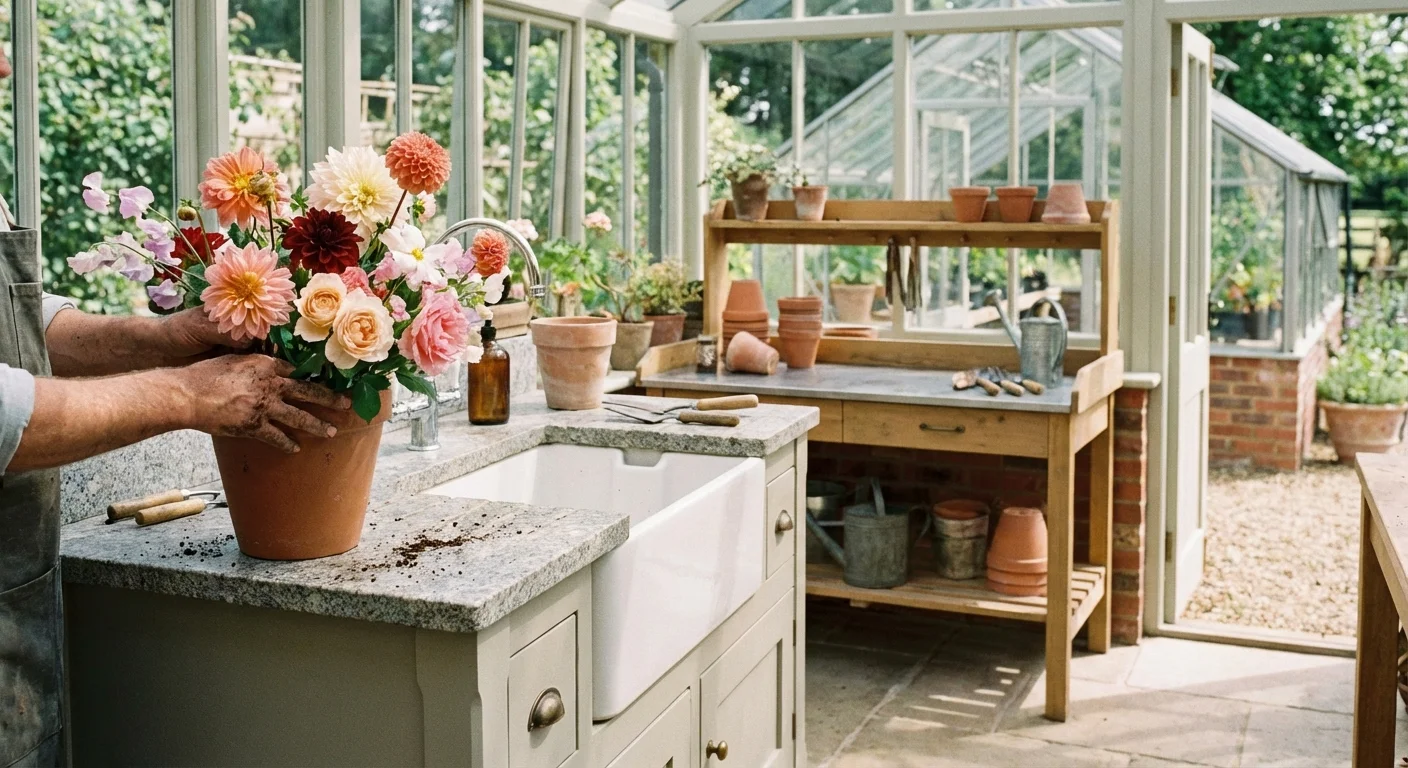 A luxurious potting bench with a stone top and white apron sink.