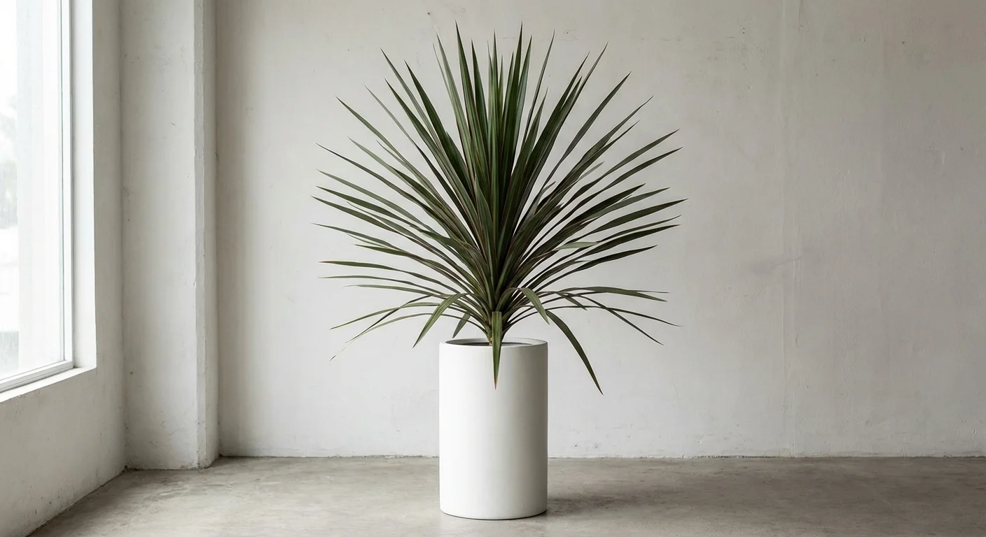 A Madagascar Dragon Tree with thin, spiky leaves in a white ceramic pot.