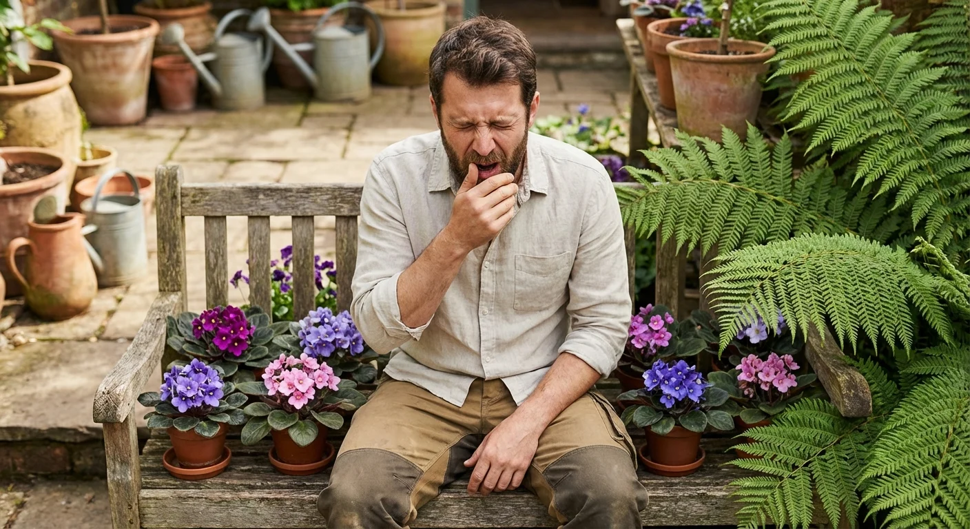 A man sneezing while sitting near indoor plants like ferns and African violets in a bright home setting.