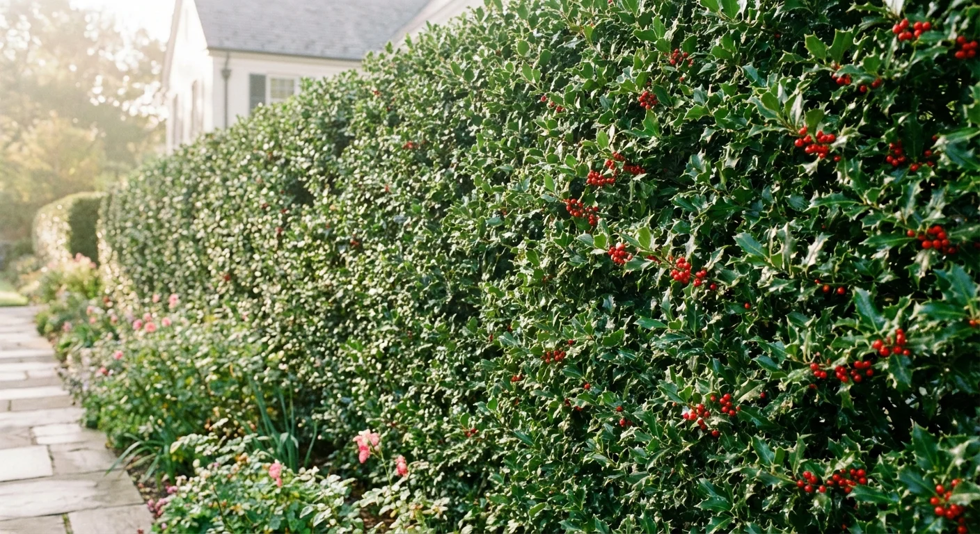 A manicured holly hedge with glossy green leaves and red berries acting as a privacy screen.