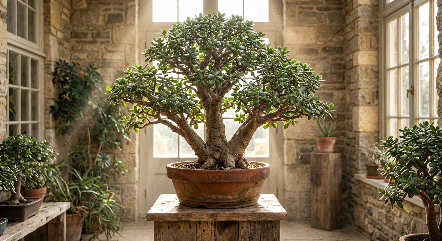 A mature, wide-spreading Jade Plant with thick stems in a bright indoor setting.