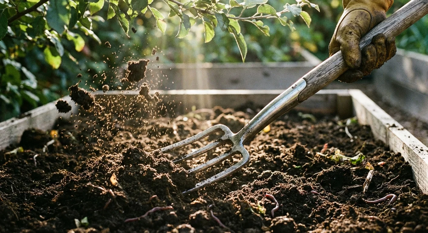 A metal digging fork piercing through dark garden soil.