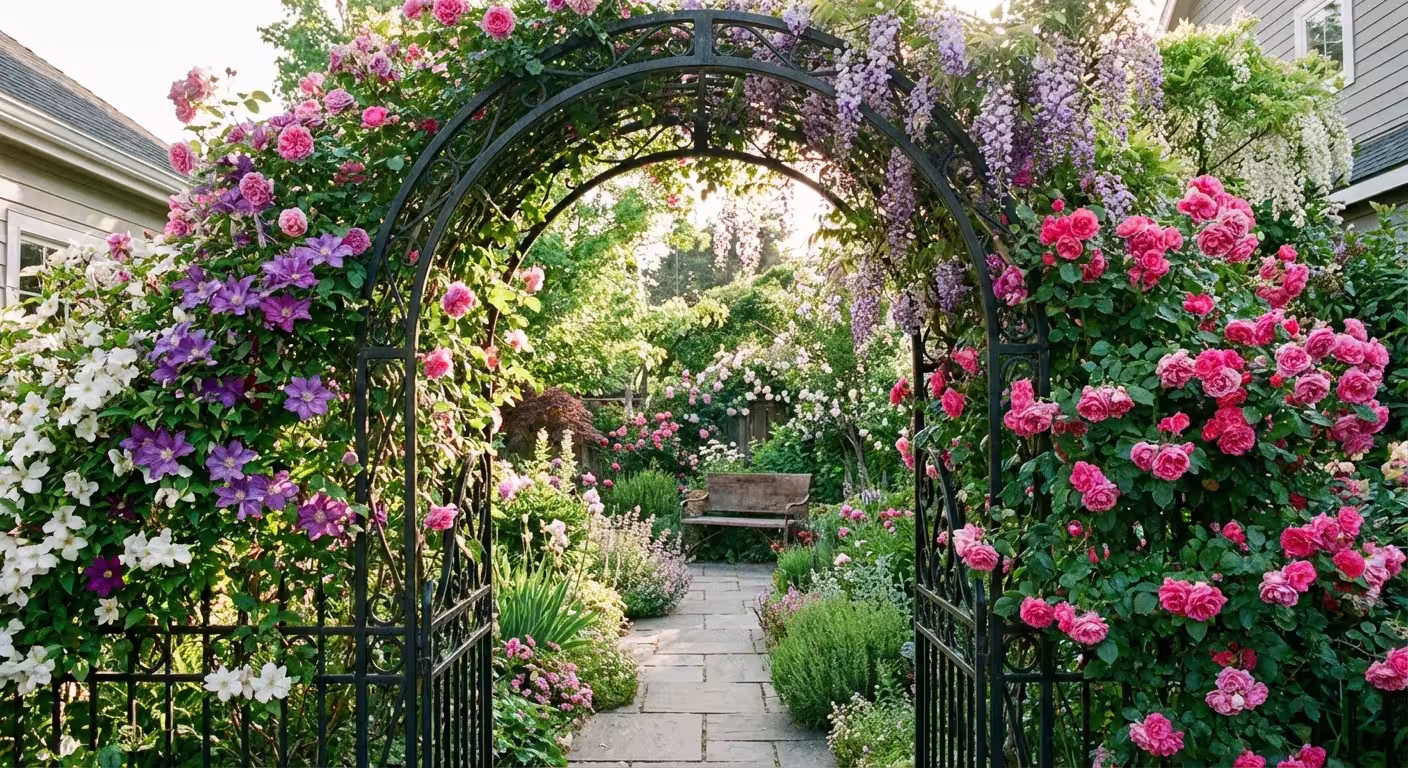 A metal garden arch covered in lush green vines and flowers in a backyard.