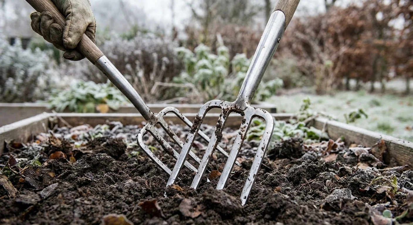 A metal garden fork being used to aerate dark garden soil in winter.
