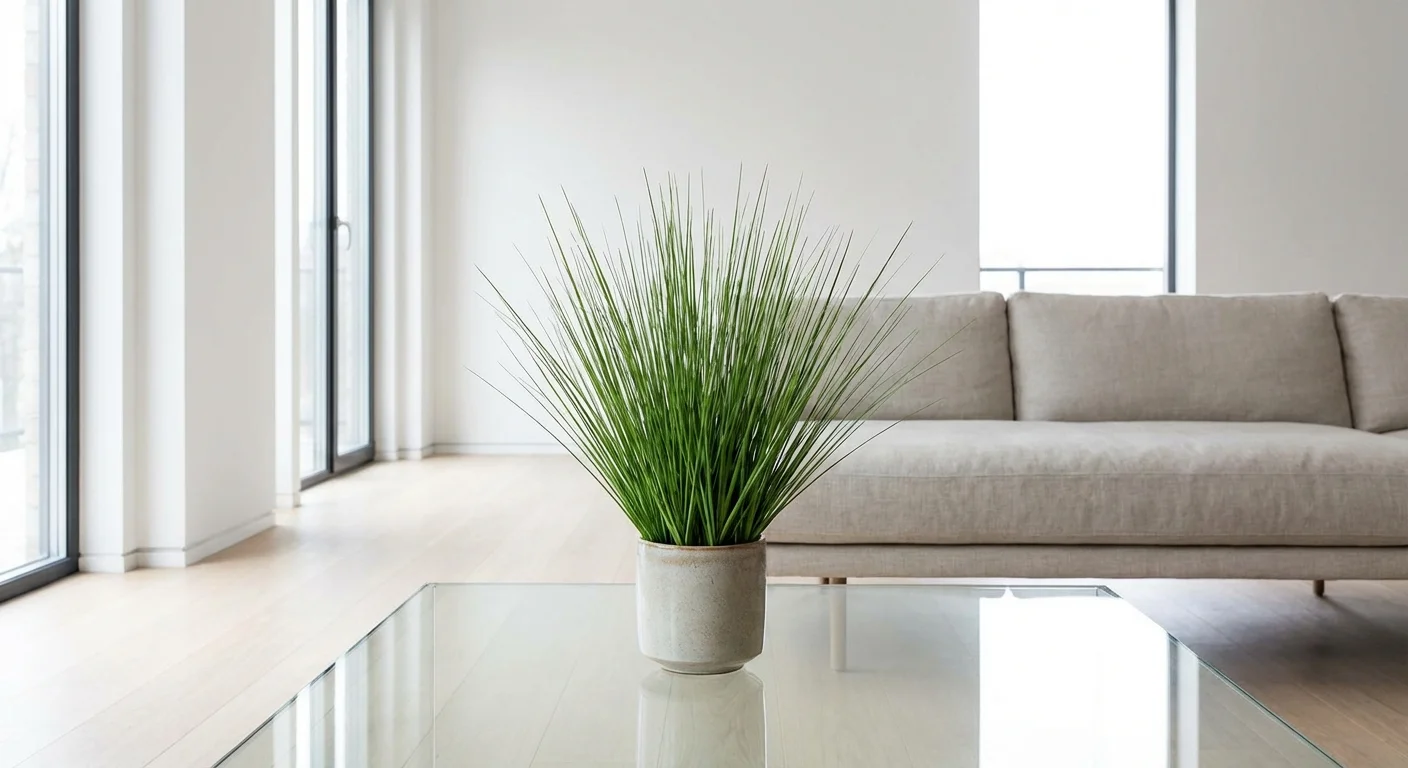 A minimalist pot of green ornamental grass on a glass coffee table.
