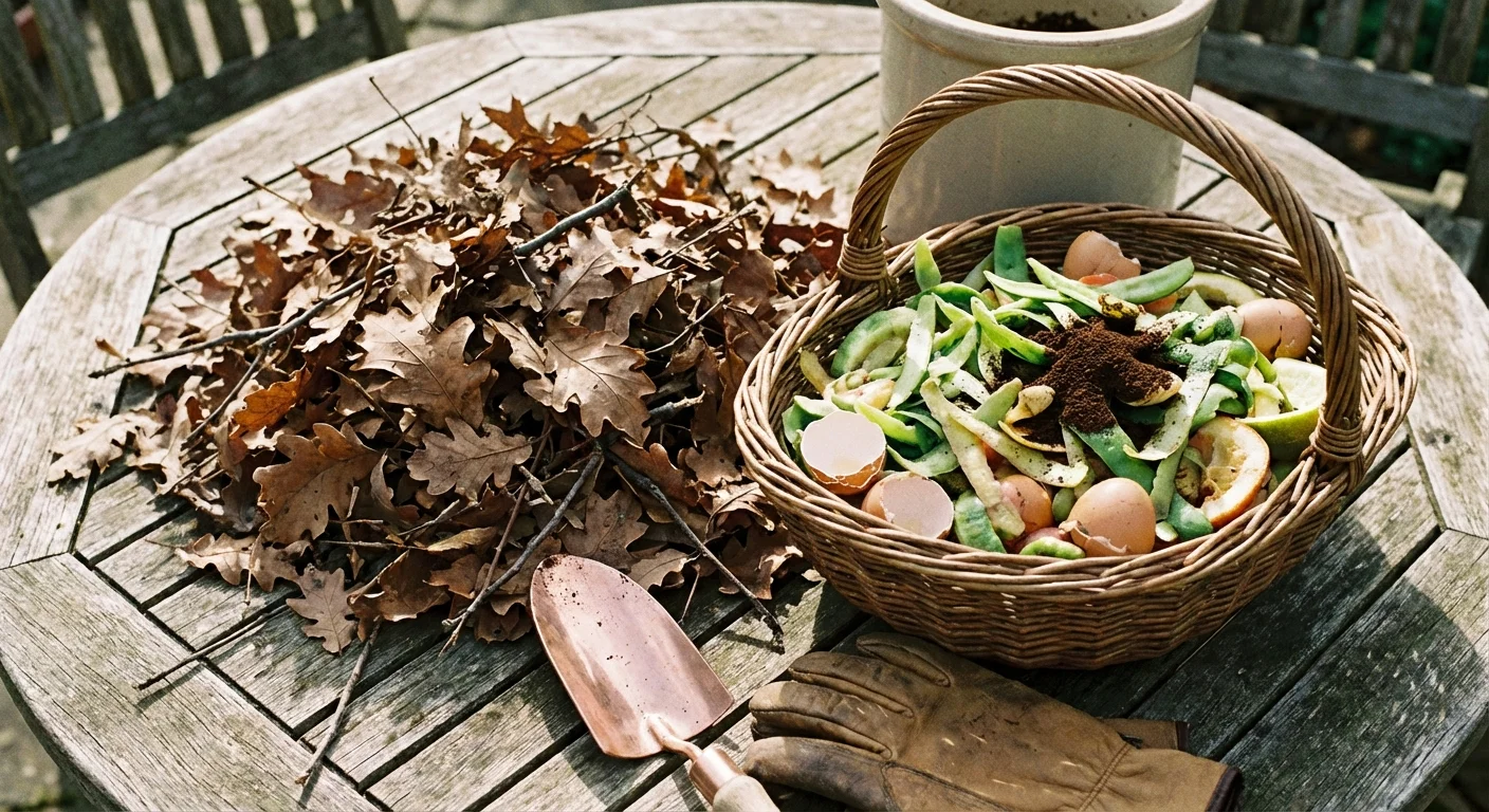 A mix of brown leaves and green kitchen scraps on a wooden surface.