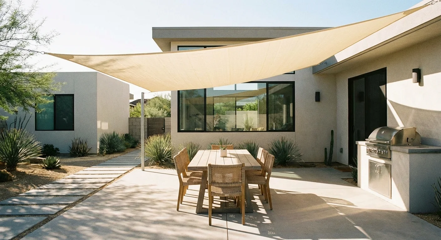 A modern cream shade sail providing privacy and shade over an outdoor dining area.