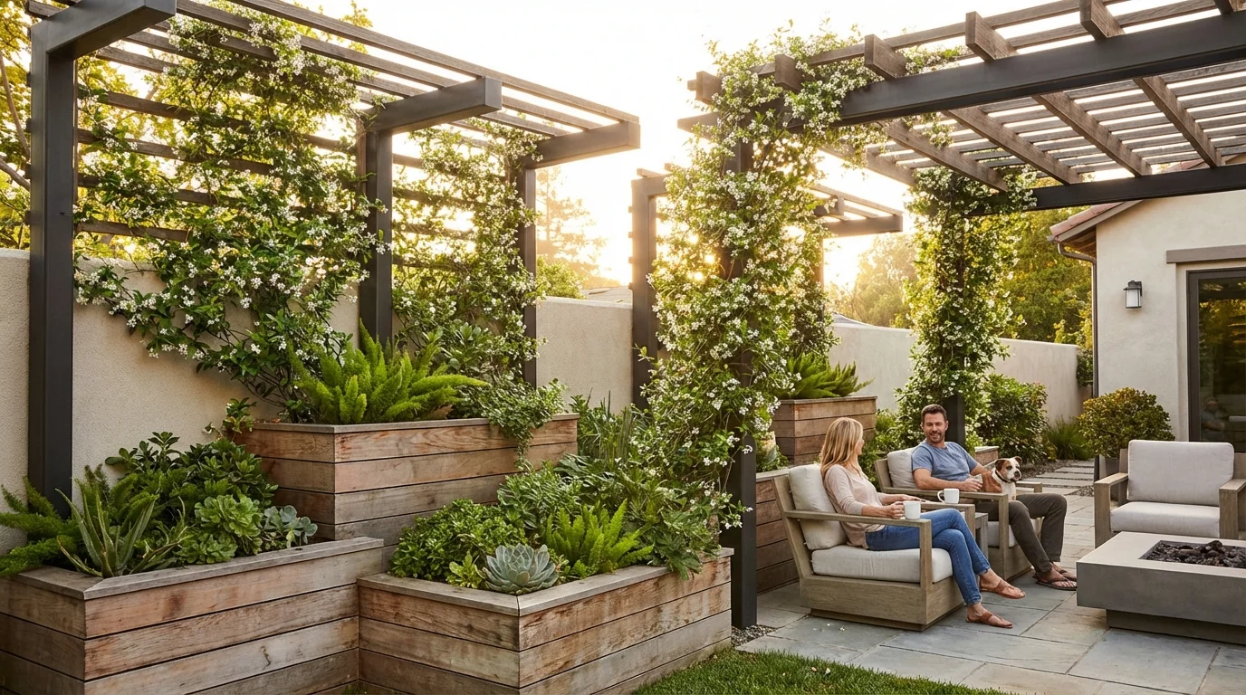 A modern patio featuring various vertical gardening structures like trellises and stacked planters.