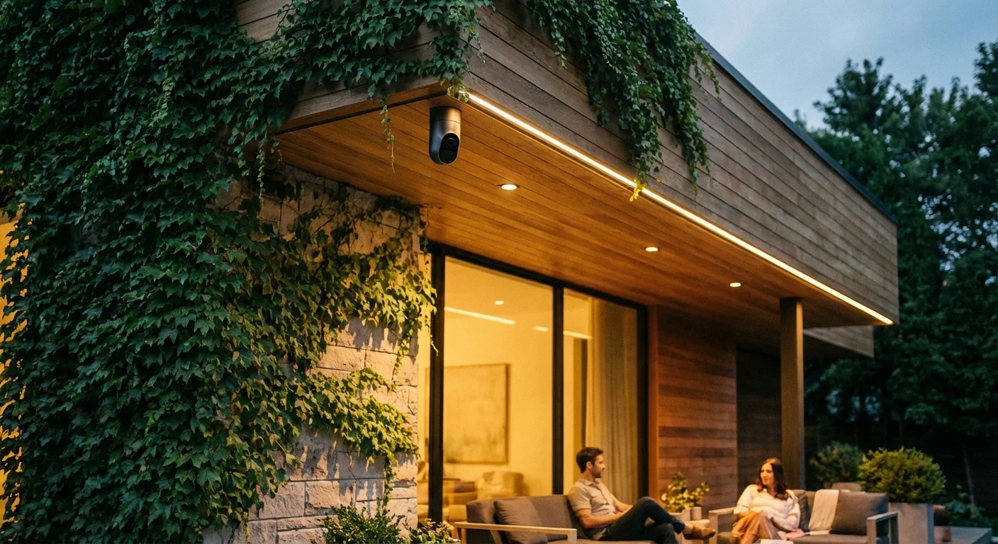 A modern security camera mounted discreetly on a home porch surrounded by greenery.