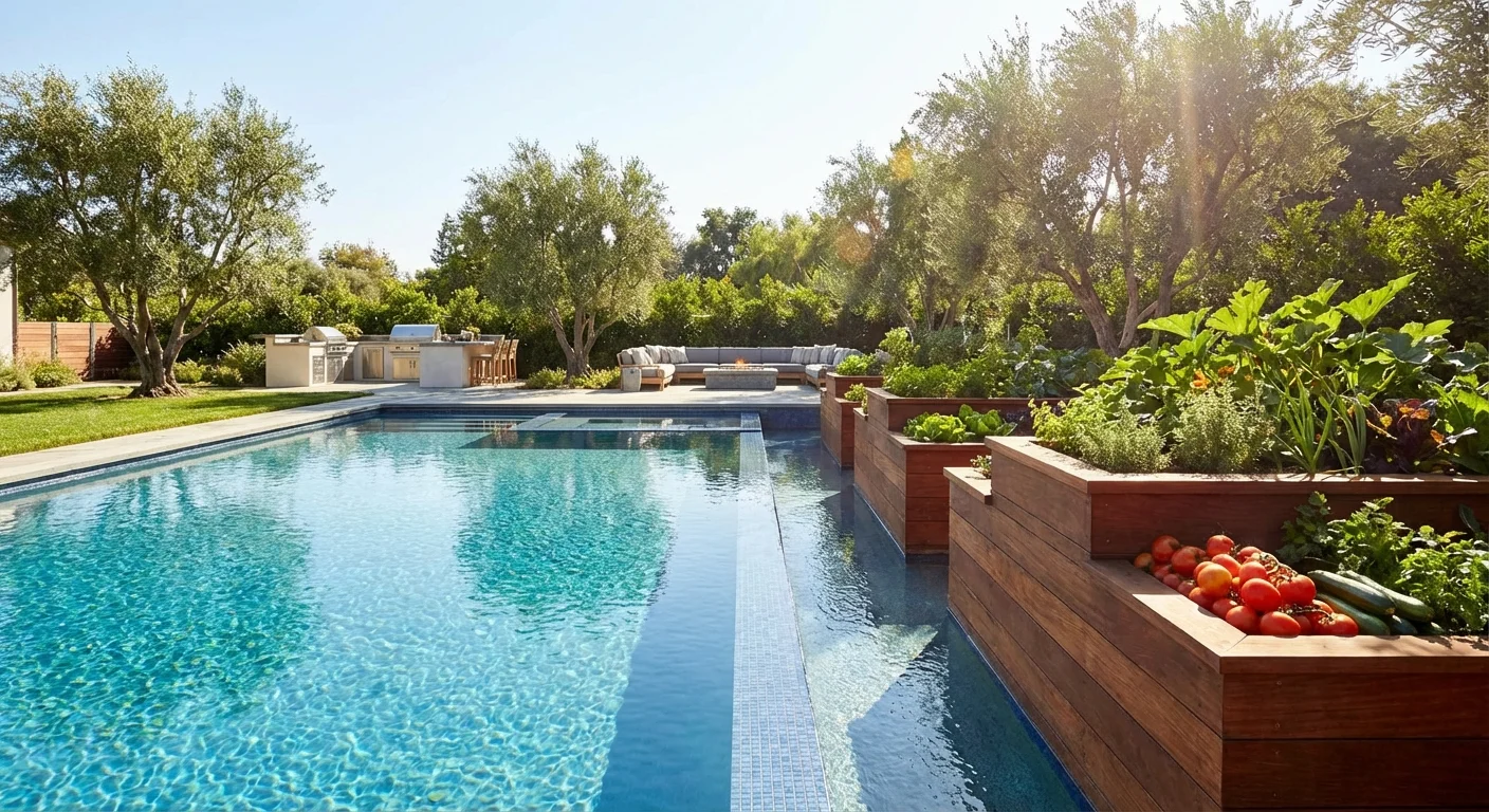 A modern swimming pool area with integrated vegetable garden beds along the deck.