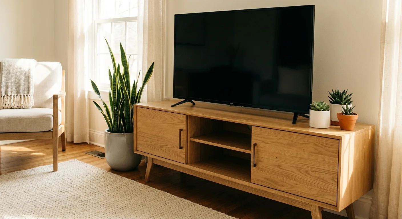 A modern TV stand decorated with a tall snake plant and small potted succulents.