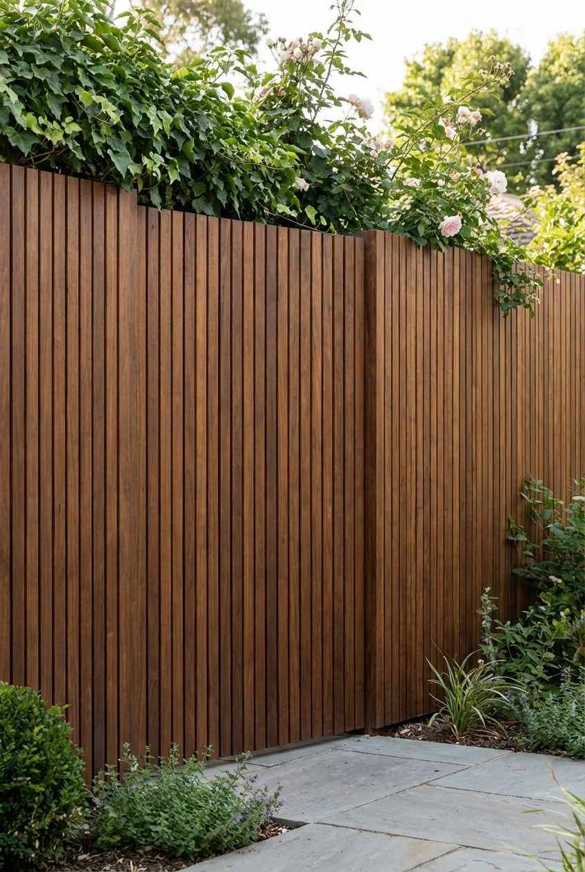 A modern vertical slat wood privacy fence with a clean, high-end finish.