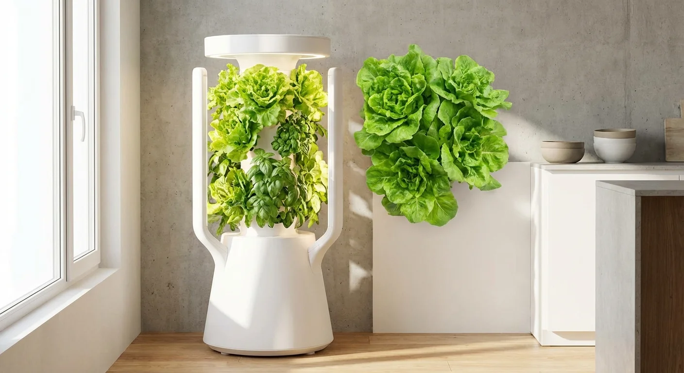 A modern white hydroponic tower garden growing fresh herbs and lettuce indoors.
