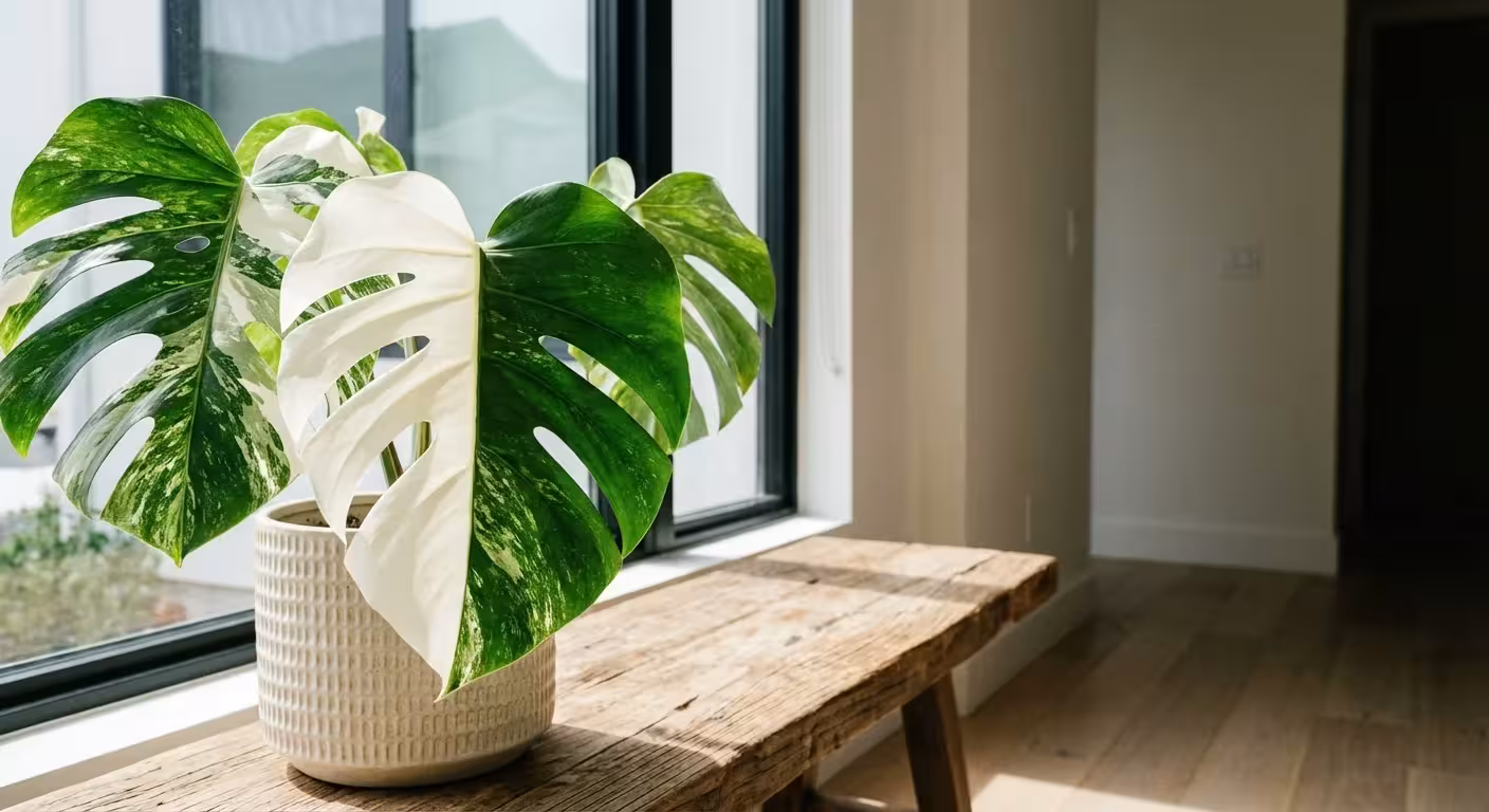 A Monstera Albo Borsigiana leaf featuring a perfect half-moon white variegation.