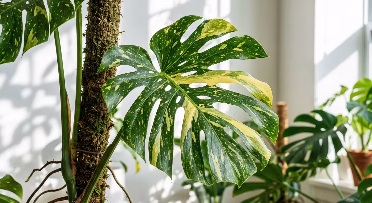 A Monstera Deliciosa Aurea leaf with stunning yellow splotchy variegation patterns.