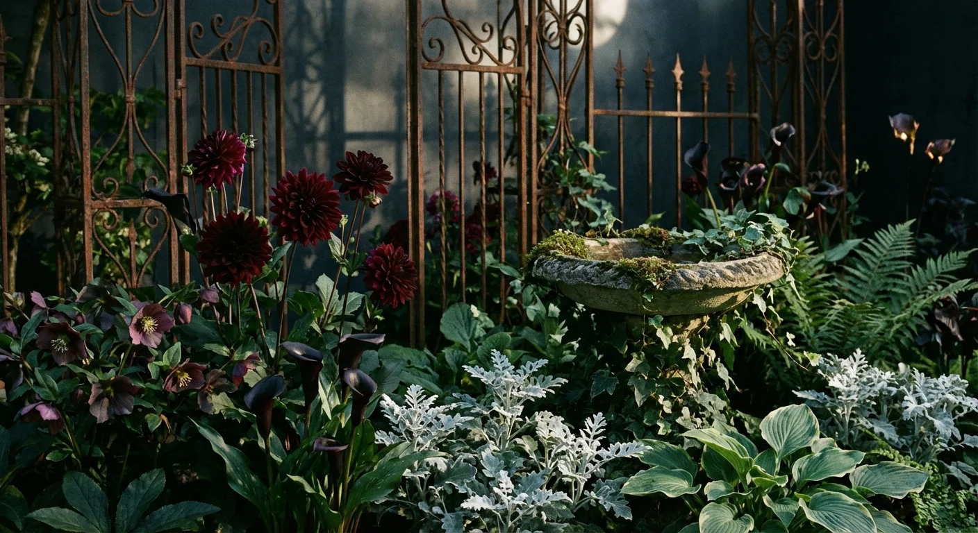 A moody garden corner with dark purple flowers and vintage black metal ornaments.