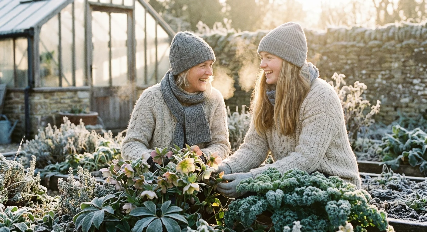 A mother and daughter gardening together in a winter backyard during a sunny morning.