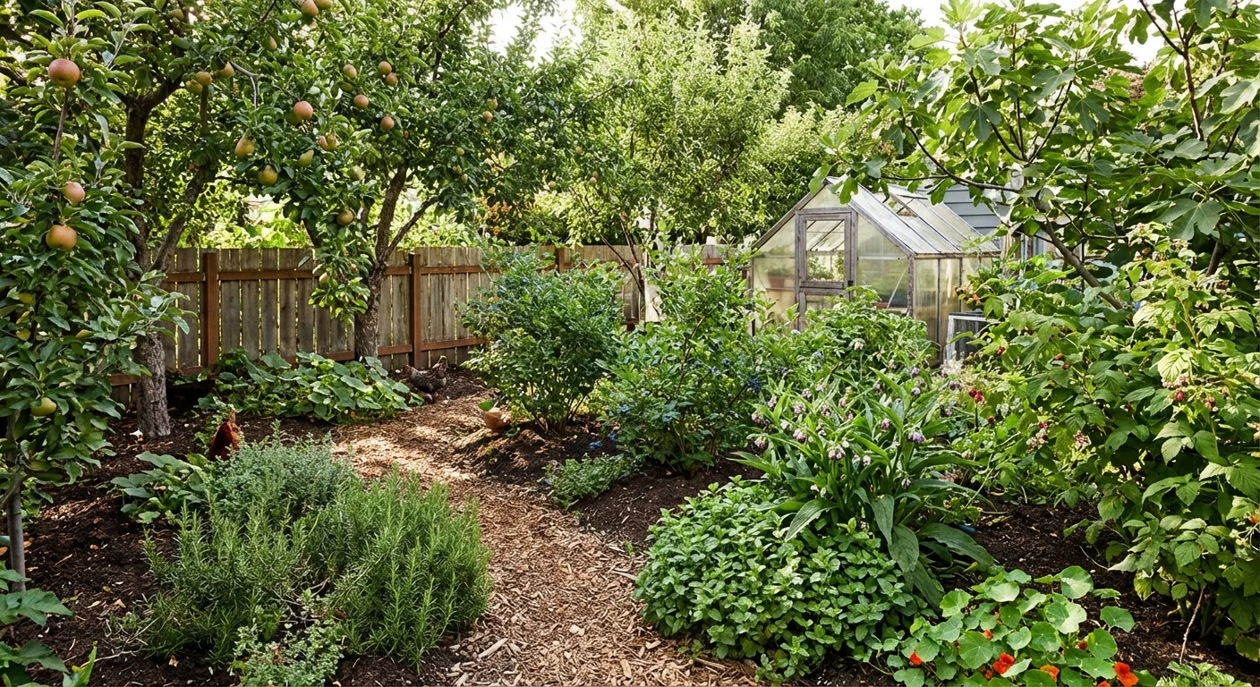 A multi-layered edible garden showing fruit trees, bushes, and herbs growing together harmoniously.